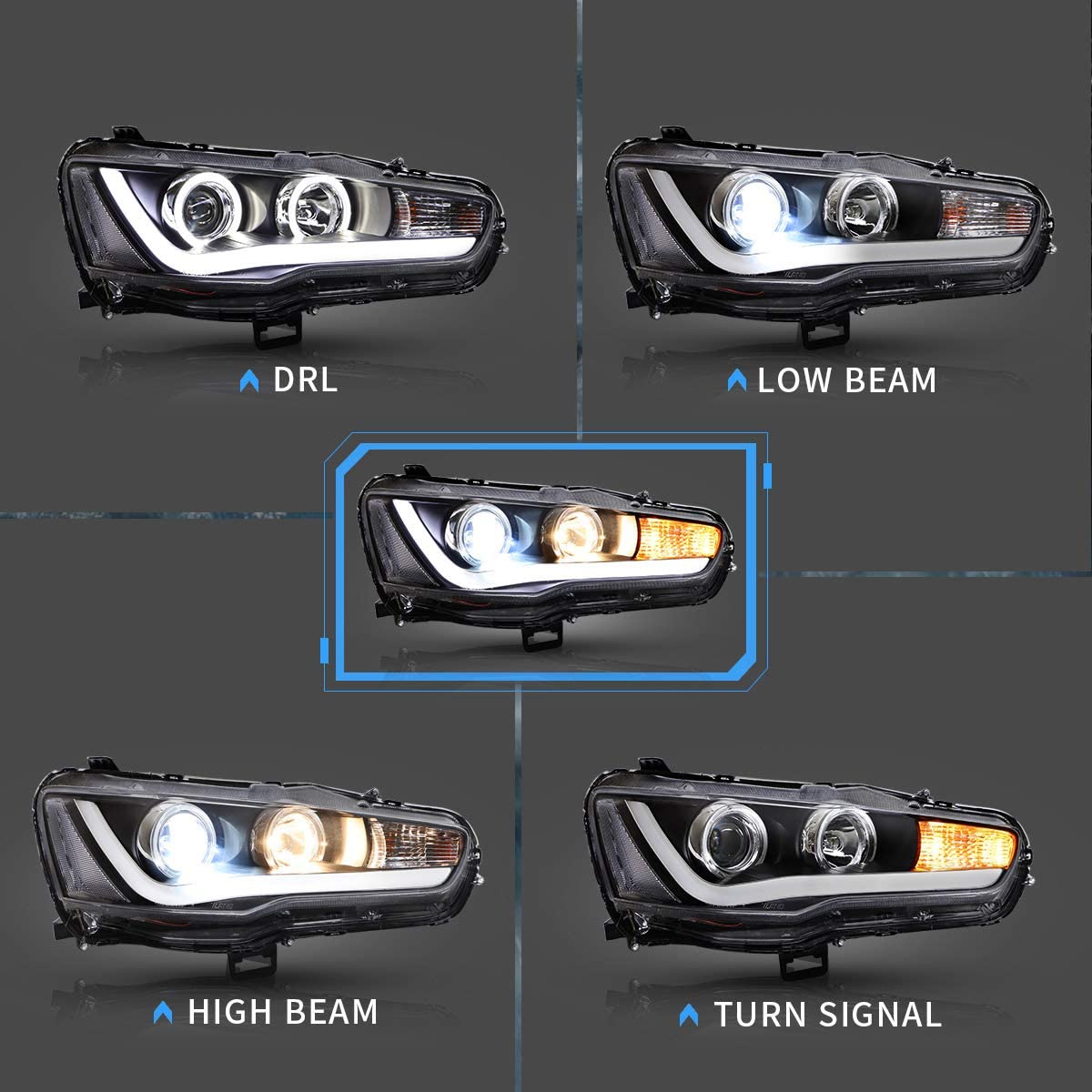 VLAND LED Projector Headlights for Mitsubishi Lancer EVO X 2008-2017 with Dynamic Turn Signal